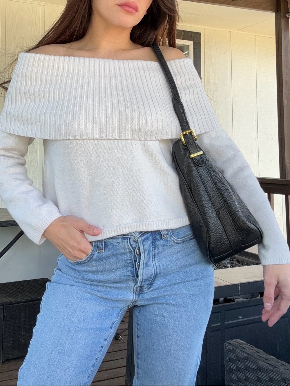 Old Navy Cream Off-the-Shoulder Foldover Ribbed Sweater